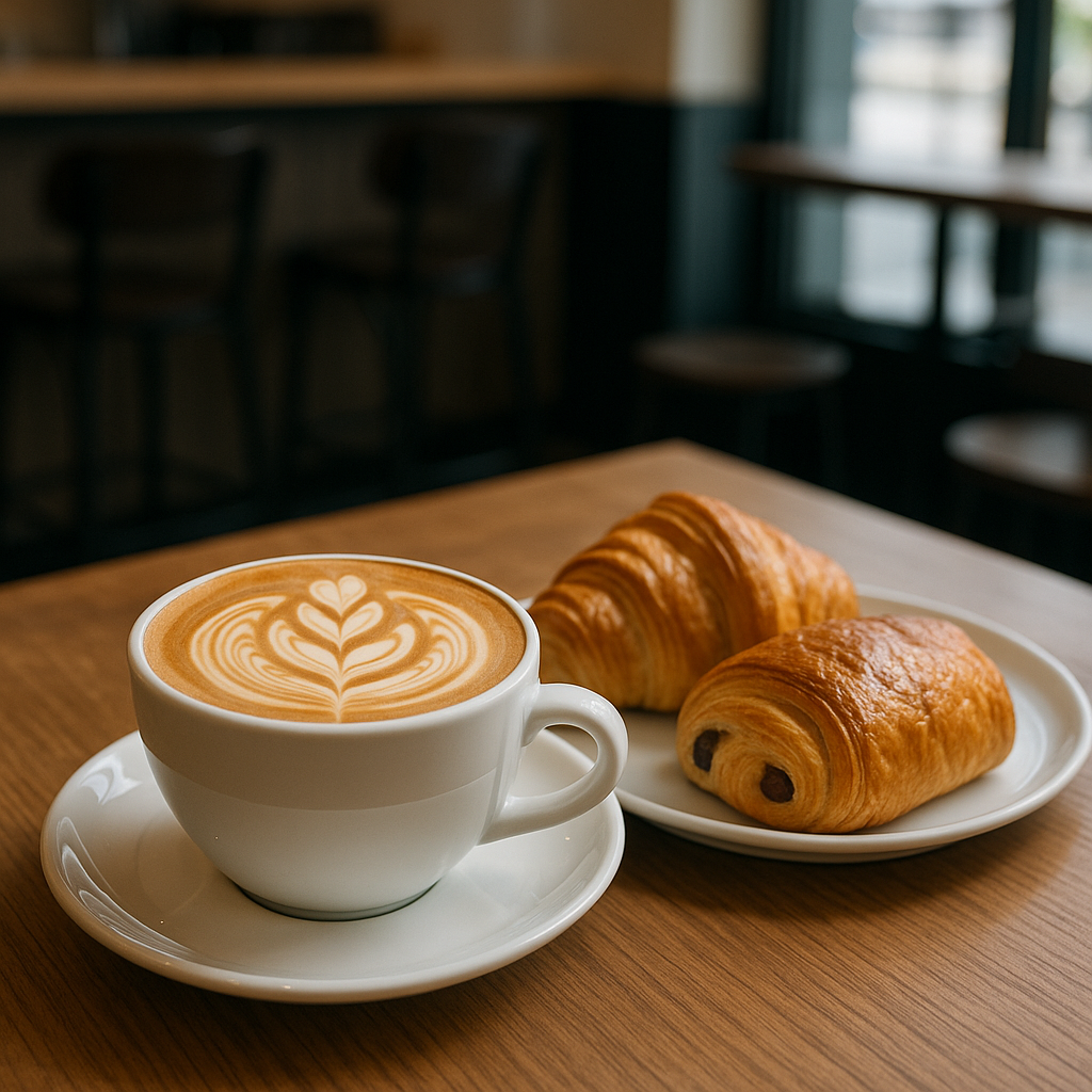 Cup of latte with latte art and two croissants on a white plate on a wooden table in a cozy cafe.