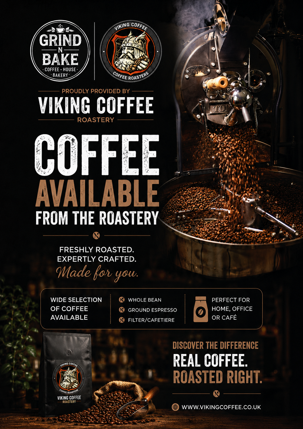 A promotional poster for Viking Coffee Roastery featuring an image of coffee beans being roasted and text highlighting their coffee offerings, including whole beans, ground espresso, and filter coffee, suitable for home or office.