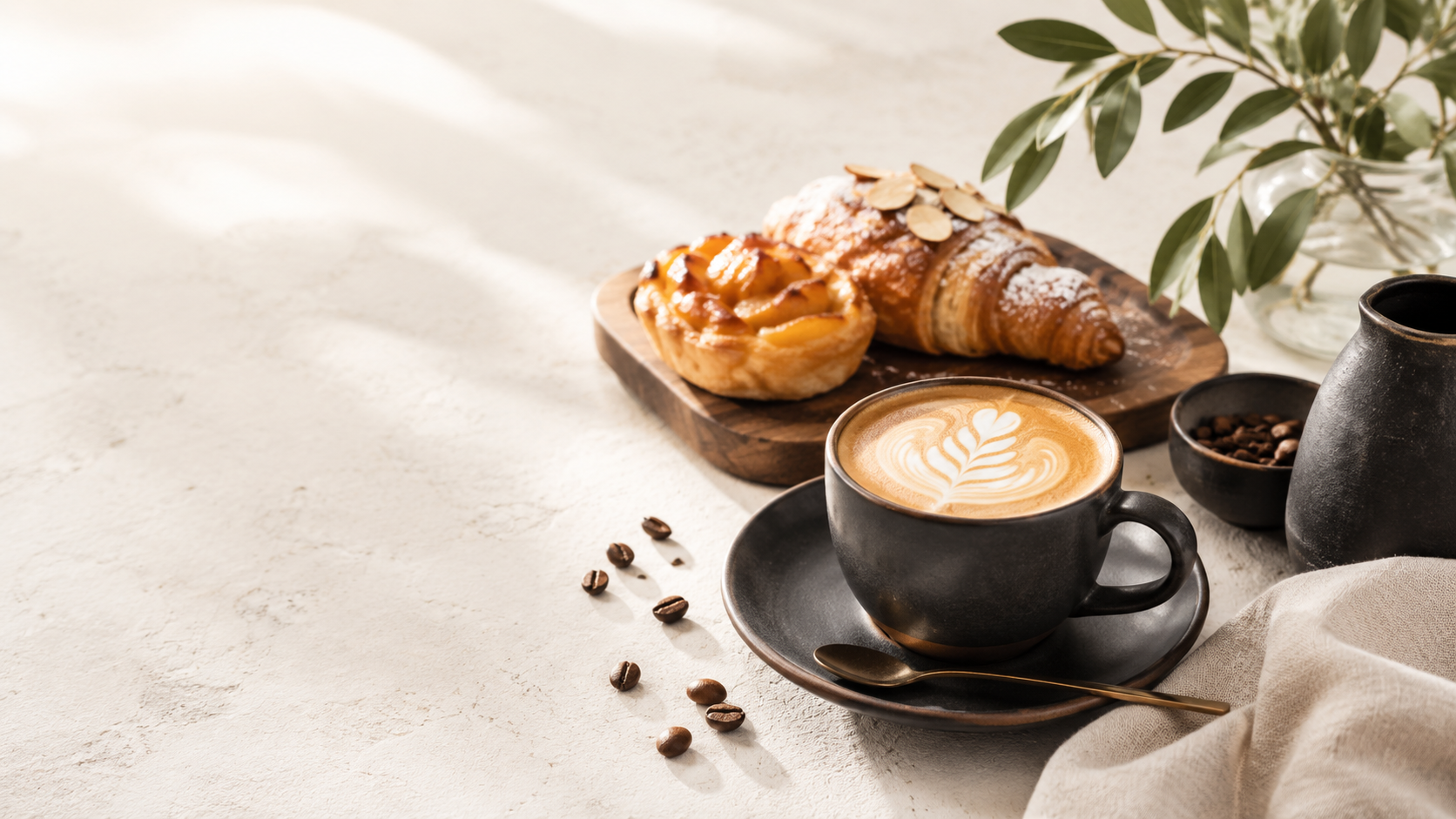 A cup of coffee with latte art, a croissant, and a fruit tart on a wooden tray, with a vase of greenery and coffee beans on a light-colored textured surface.
