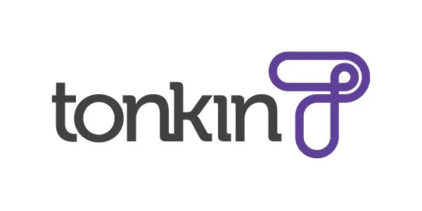 The logo displays the word 'tonkin' in lowercase black letters with a stylized purple icon resembling a looped circle or knot next to it.