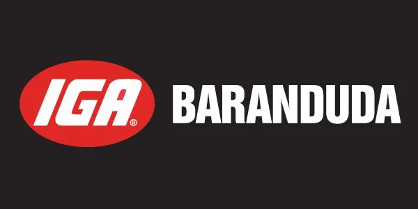 IGA logo and the word 'Baranduda' on a black background.