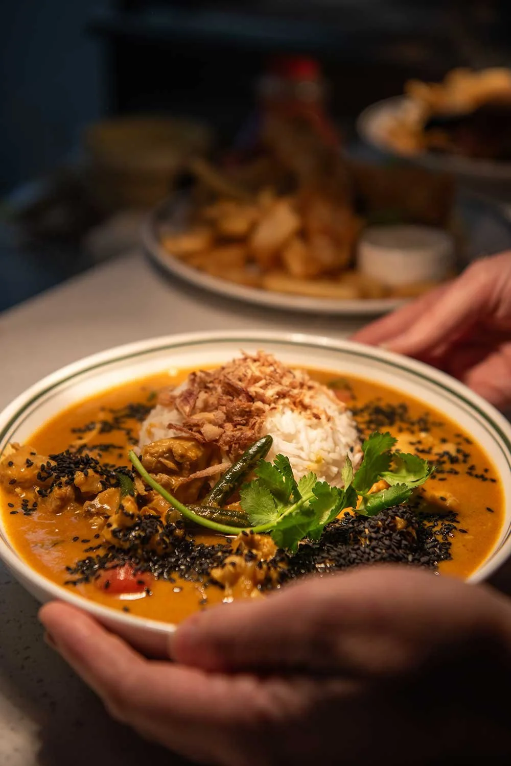 A bowl of Indian curry garnished with cilantro, topped with shredded coconut and crispy onions, served with rice and black sesame seeds, held by a person's hand.