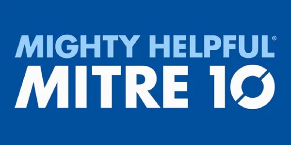 Blue background with white and light blue text that reads "Mighty Helpful Mitre 10".