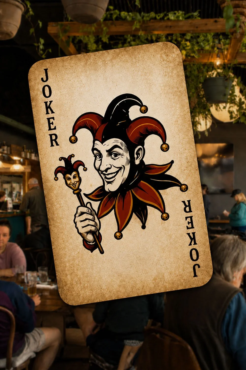 A card with a jester illustration and the word 'JOKER' on both sides, held up in a bar with people in the background.