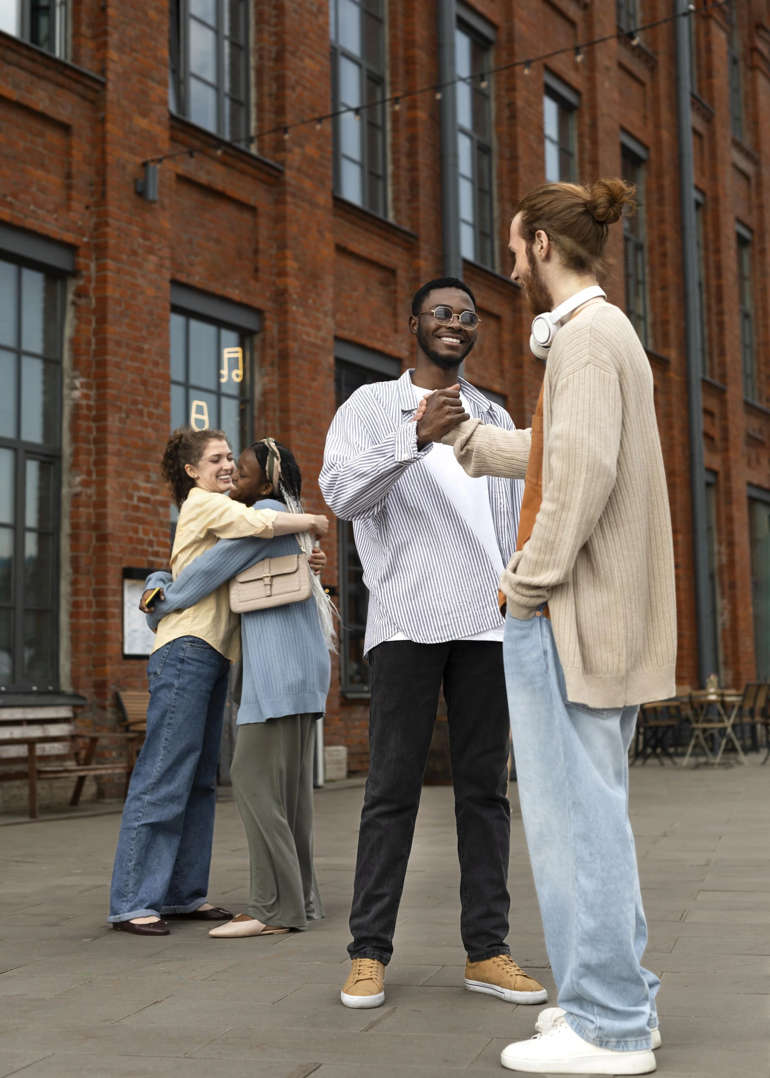 Two men shaking hands and smiling while two women hug in the background outside a red brick building.