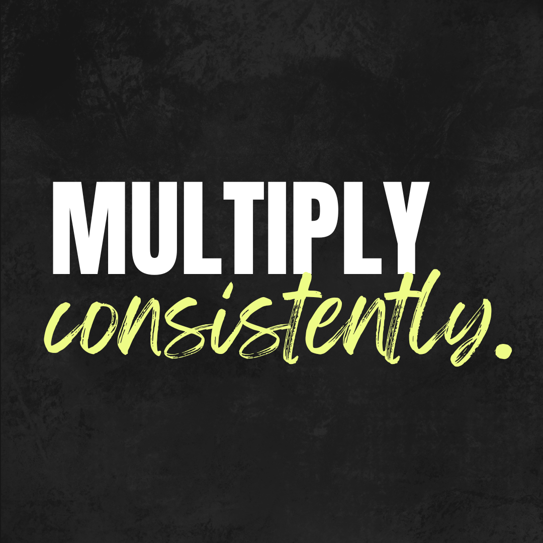 Inspirational quote: 'Multiply consistently.' on a dark textured background.