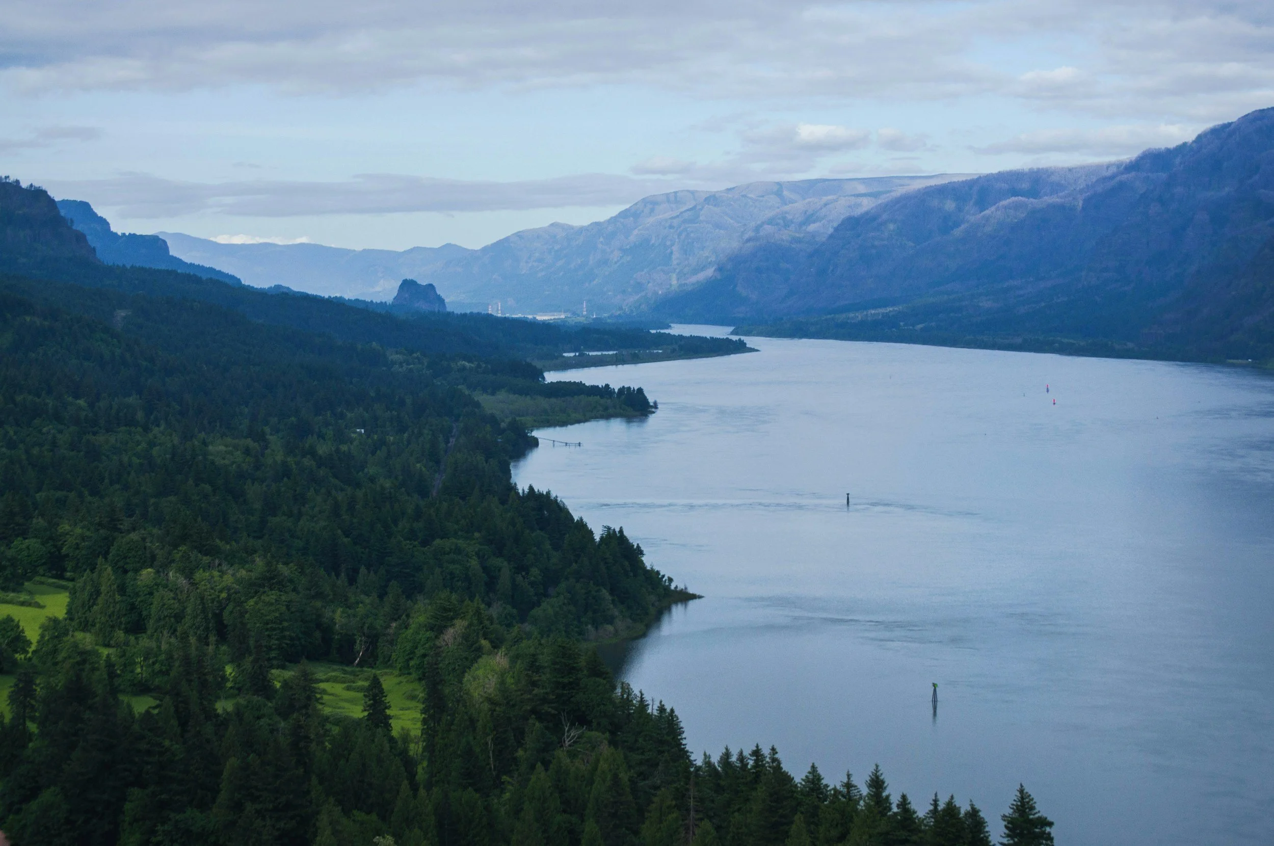 A river flowing through a lush green forested valley surrounded by mountains under a cloudy sky.