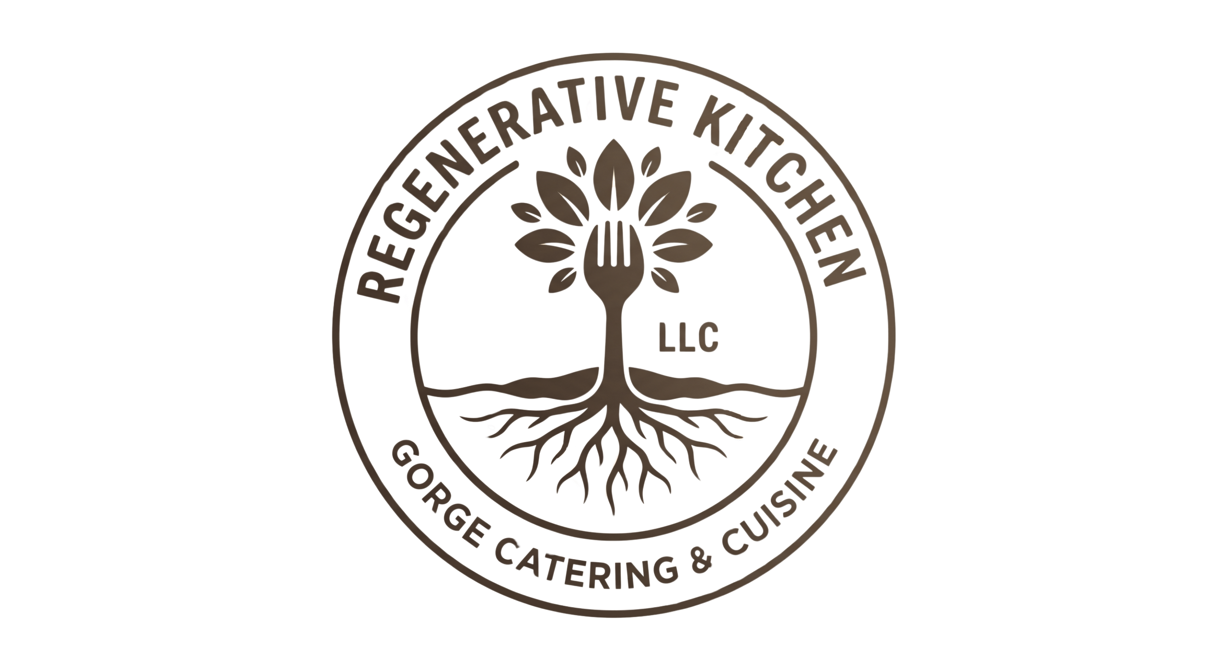 Logo of a catering and event company featuring a tree with leaves, a fork as the trunk, and text around the circle reading "Here for you, catering, event, produce, curbside, casseroles."