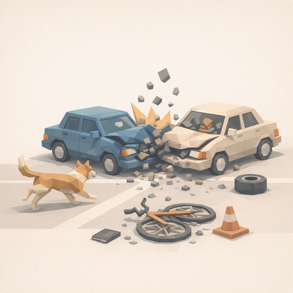 Ein digitaler Kunststil zeigt einen Autounfall mit zwei zerbeulten Autos, eine zerbrochene Straßenmarkierung, eine zerbrochene Fahrradrad, einen Achtungs-Umleitungskegel und einen streunenden Hund auf einer Parkfläche.