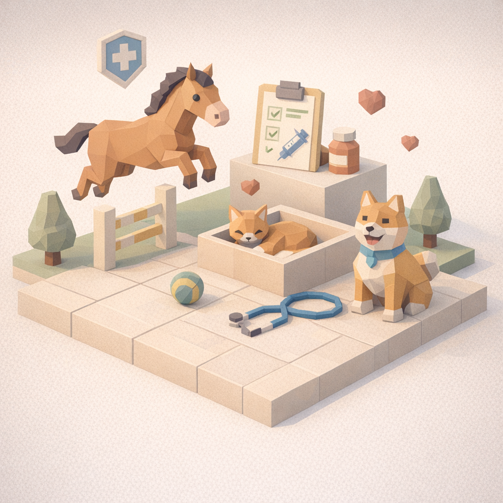 Eine digitale Illustration von Arzttieren, darunter ein Pferd, ein Hund und eine Katze, die Tierpflege und Gesundheit symbolisieren, mit Tiermedizin, einer Tierarztkiste, einem Impfausweis, einem Ball, einem Stethoskop, Bäumen, Herzen und einem Schild mit Kreuz.