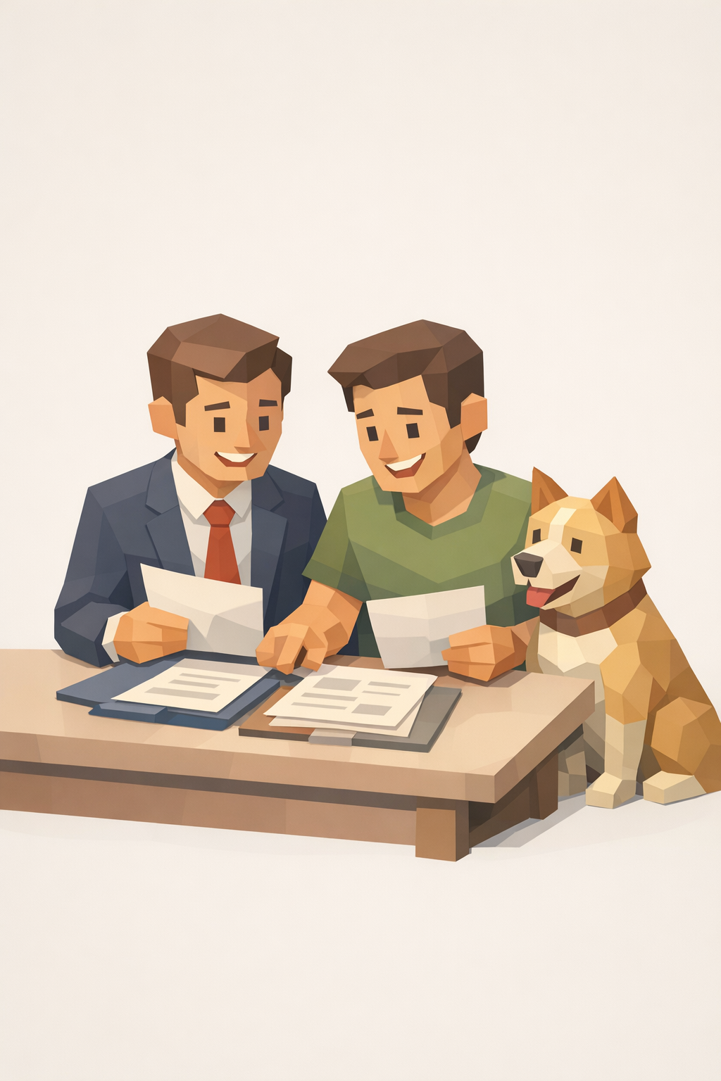 Zwei cartoonartige Männer sitzen an einem Tisch, schauen auf Dokumente und lachen, mit einem Hund neben ihnen, alles in einer stilisierten, geometrischen Kunstform.