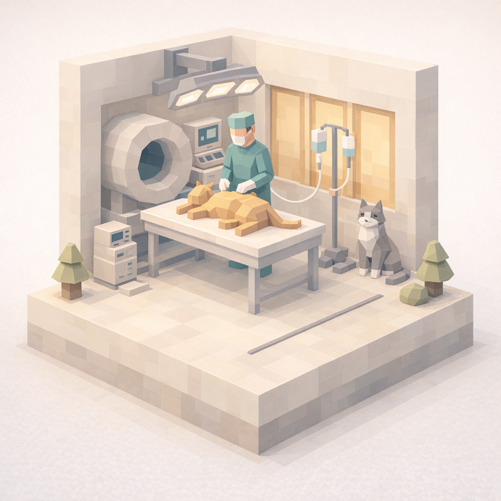 Pixelige Illustration einer Tierklinik, Tierarzt bei Operation an einem Hund, medizinische Geräte, Hund auf OP-Tisch, Katze sitzt daneben, kleine Bäume und Steine