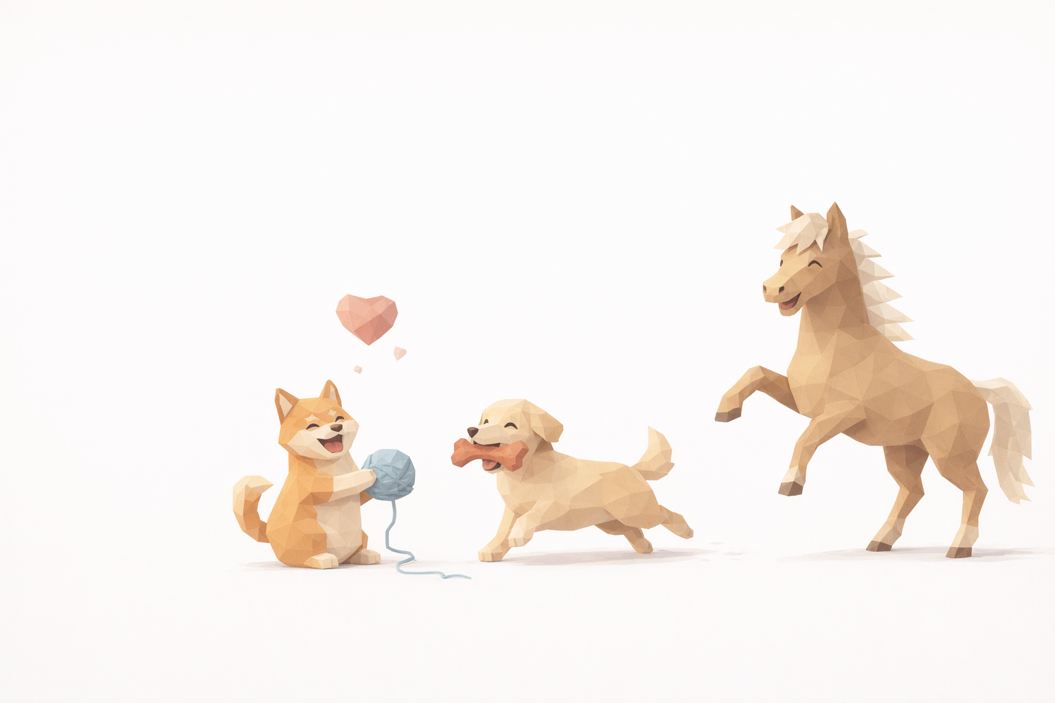 Drei Tiere in einer minimalistische, polygonale Kunststil: ein Hund, der eine Ball auf einem Faden hält, ein toter Hund mit einem Knochen im Mund und ein hochspringendes Pferd.
