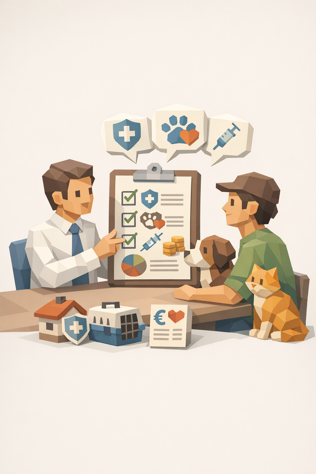 Illustration eines Tierarztes, der einem Tierbesitzer mit Hund und Katze eine Behandlungsseite zeigt, mit Symbolen für Gesundheit, Herz, Impfstoff und Geld, auf einem Tisch mit Tierkäfigen, Hundehütte und einem Dokument.