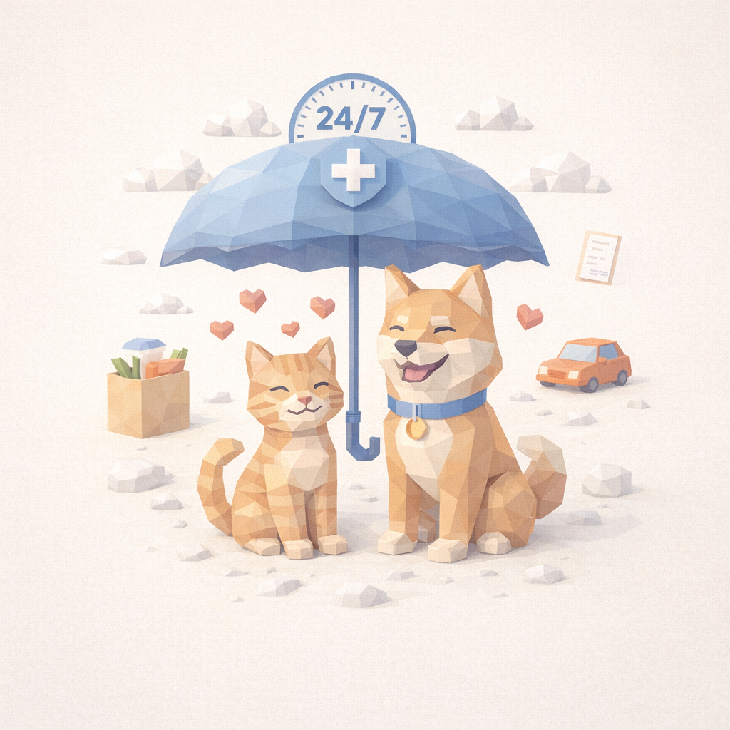 Zwei cartoonartige Hunde unter einem Regenschirm, mit 24/7-Symbol und medizinischem Kreuz, umgeben von Herzen, einem Auto, einer Tasche mit Gegenständen und einem Dokument.