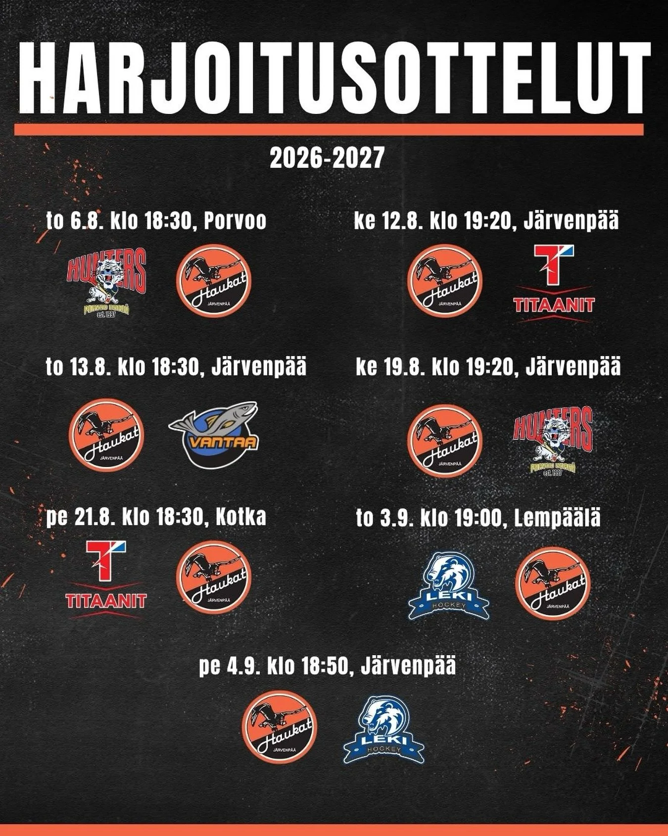 Siit&auml; harjoitusottelut kalenteriin!🗓️

Liput tulevat myyntiin my&ouml;hemmin. 

#haukat #suomisarja