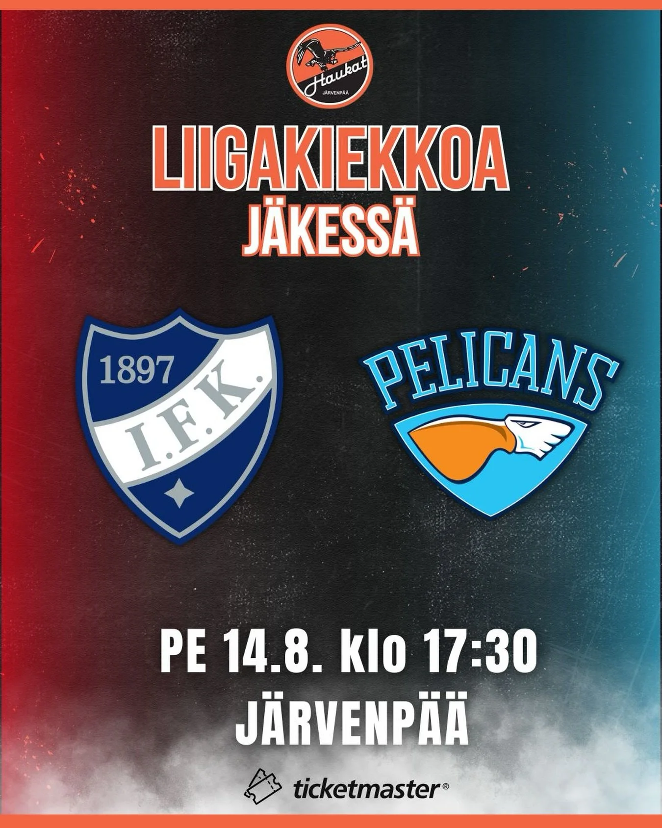 Parin viikon p&auml;&auml;st&auml; liigakiekkoa J&auml;kess&auml;! Laita matsi kalenteriin🏒

🗓️ pe 14.8.
🕖 17.30
📍 J&auml;rvenp&auml;&auml;n j&auml;&auml;halli

🎟️ @ticketmaster.fi (ainoastaan ennakkolipunmyynti)

#ifk #pelicansfi #liiga #haukat