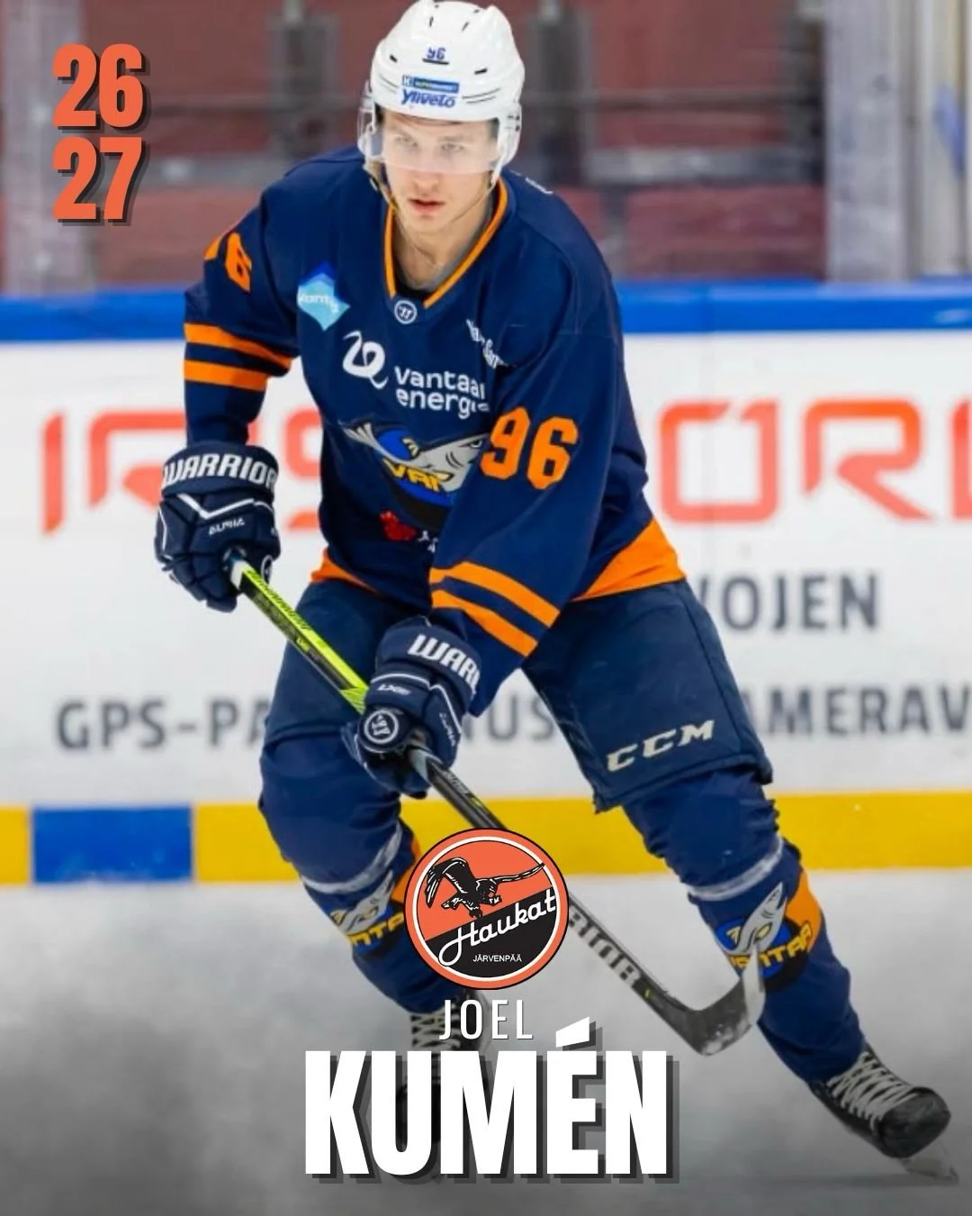 Joel Kum&eacute;n Haukkapaitaan! ✍️

21-vuotias hy&ouml;kk&auml;&auml;j&auml; Joel Kum&eacute;n on tehnyt ensi kauden kattavan sopimuksen. Kum&eacute;n oli viime kauden KJT Haukat U20 mukana ja sit&auml; edelt&auml;v&auml;t pari kautta meni Kiekko-Va