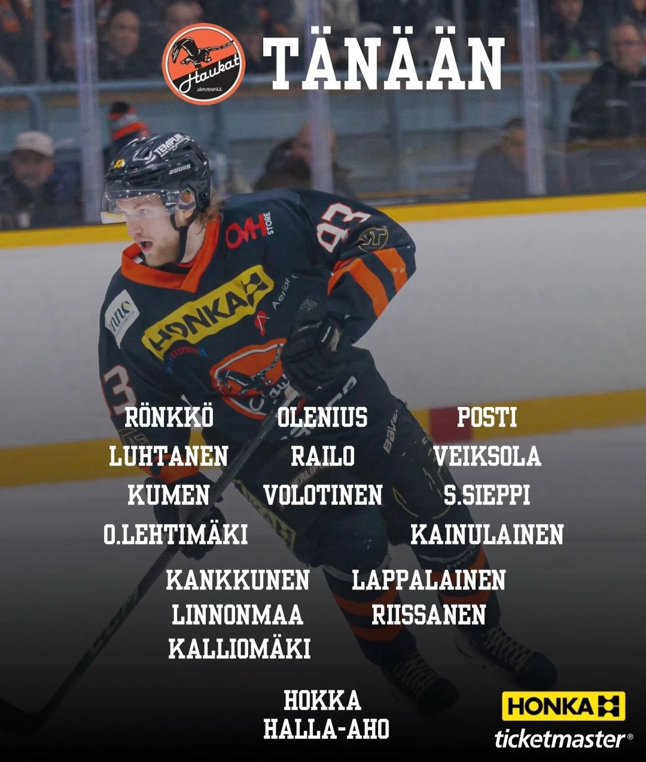 T&auml;ll&auml; kokoonpanolla t&auml;n&auml;&auml;n kauden ensimm&auml;iseen harkkamatsiin! Kiekko j&auml;&auml;h&auml;n Porvoossa klo 19.45🏒

#haukat #suomisarja