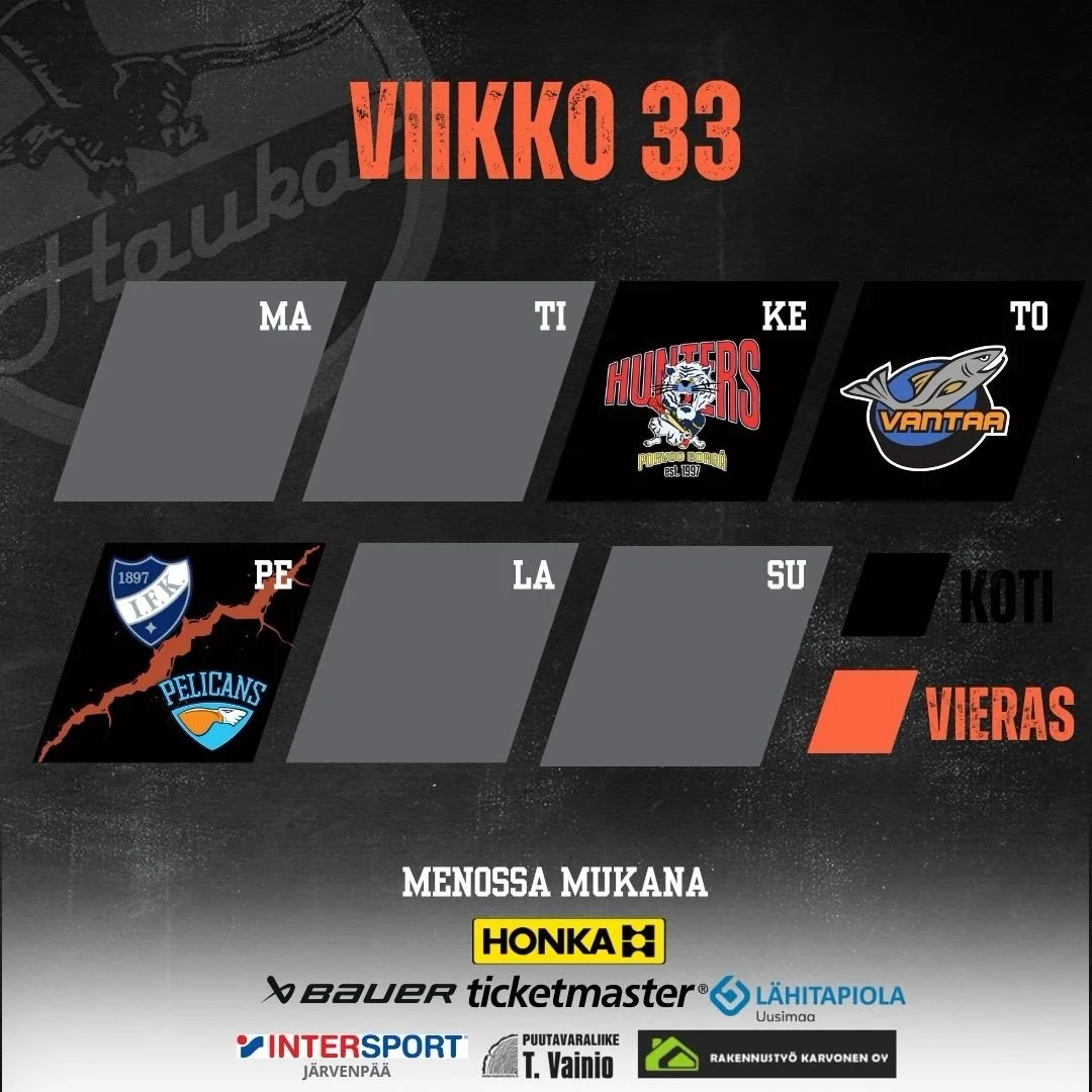 Keskiviikkona revanssi @porvoonhunters vastaan ja kauden ensimm&auml;inen treenimatsi kotona! 
Heti per&auml;&auml;n torstaina @kiekkovantaa saapuu J&auml;keen🤝

Perjantaina klo 17.30 alkaen harvinainen tilaisuus n&auml;hd&auml; liigakiekkoa J&auml;