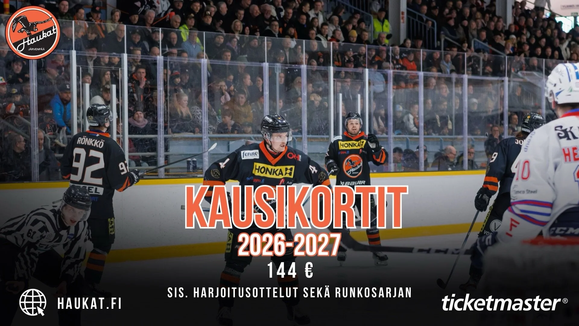Kauden 2026-2027 kausikortit myynniss&auml; Ticketmasterissa! 🟧

Kausikortti sis&auml;lt&auml;&auml; harjoitusottelut sek&auml; kaikki runkosarjan kotiottelut😎

https://www.ticketmaster.fi/event/jarvenpaan-haukat-kausikortti-2026-2027-lippuja/13227