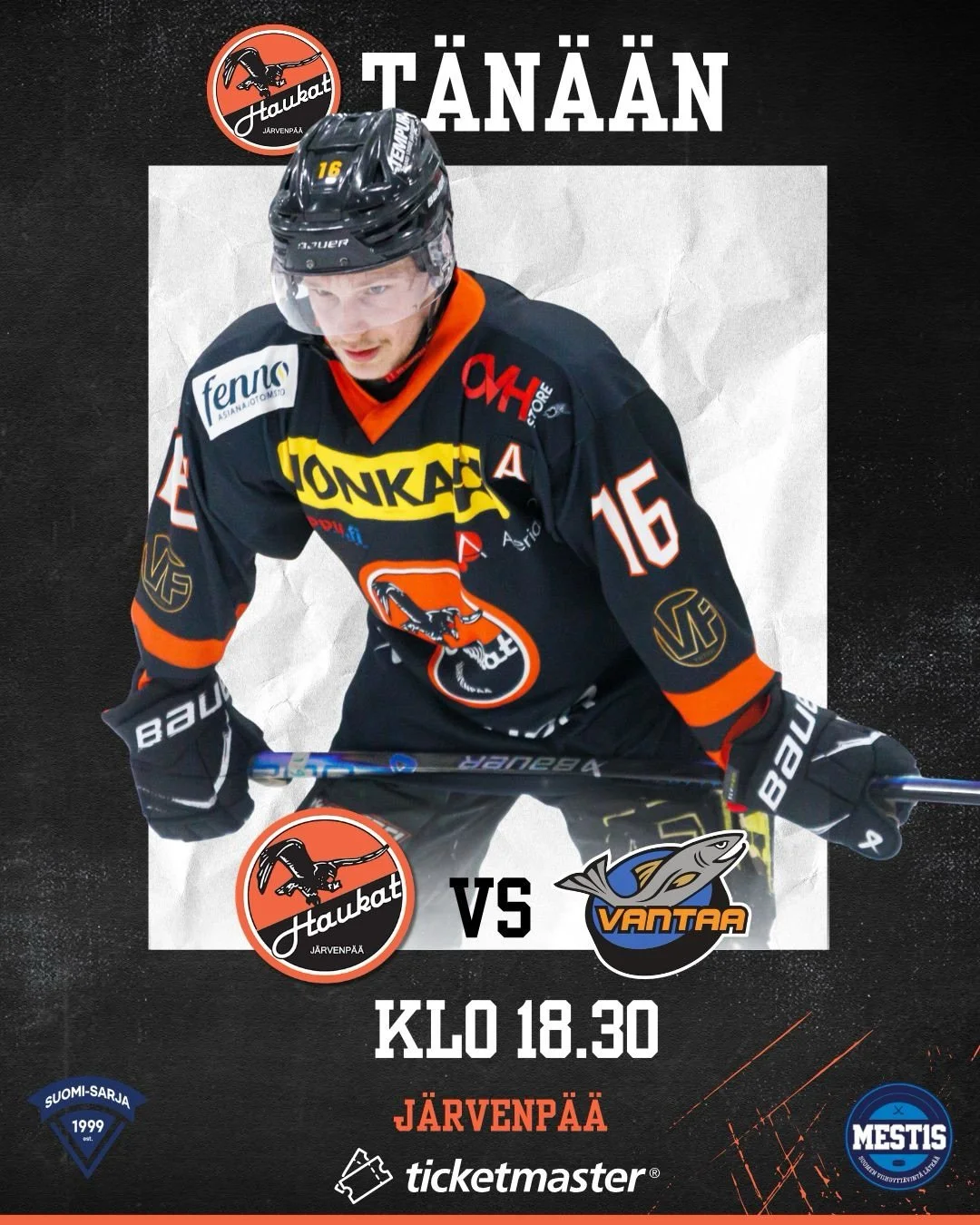 T&auml;ll&auml; kokoonpanolla sarjaporrasta ylemp&auml;n&auml; pelaavaa @kiekkovantaa vastaan 💪

Ovet aukeavat klo 17.30, tervetuloa kannustamaan!

🎟️ Liput ennakkoon @ticketmaster.fi tai ovelta 13&euro;. Kausikortilla ja alle 7-vuotiaat sek&auml; 