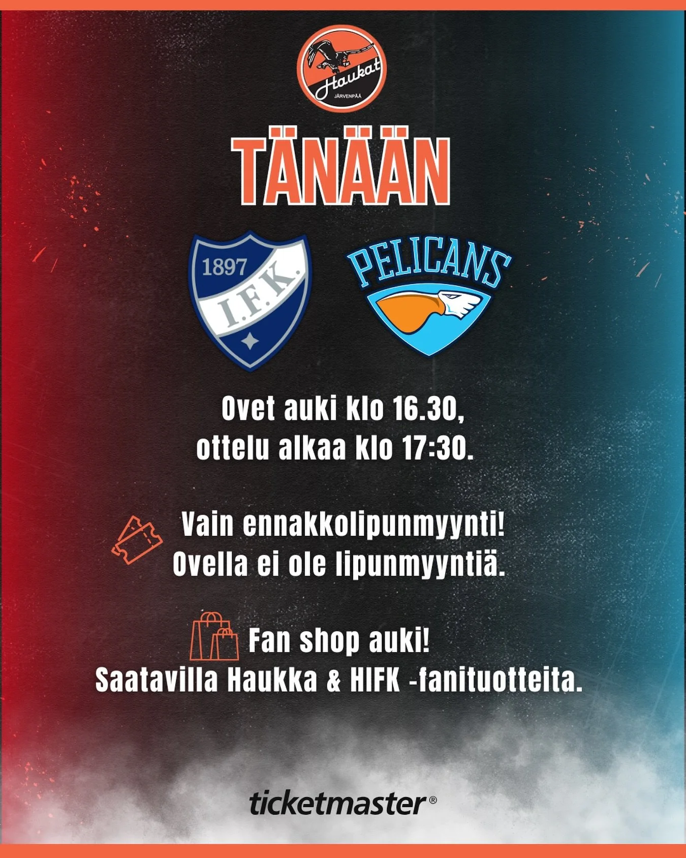 T&auml;n&auml;&auml;n liigakiekkoa luvassa! 😍

Kiekko tippuu j&auml;&auml;h&auml;n klo 17.30 ja ovet aukeavat tuntia aiemmin. 

🎟️ Lippuja saatavilla vain ennakkoon @ticketmaster.fi , ovella ei ole lipunmyynti&auml;! 

🛍️ Fan shop on auki ja sielt