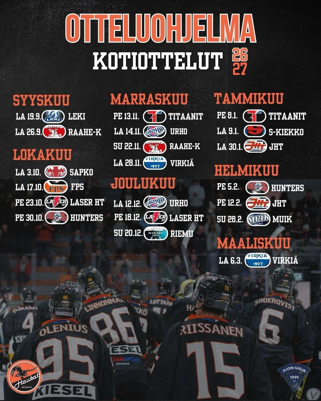 Kotiottelut 2026-2027 🔥

Kotiavaus pelataan nelj&auml;n viikon p&auml;&auml;st&auml; lauantaina @lekihockeyofficial saapuessa J&auml;rvenp&auml;&auml;h&auml;n 💪 

Ottelu saa upean avauksen, kun mestaruusviiri nostetaan K-Rauta Areenan kattoon! 🎖️ 