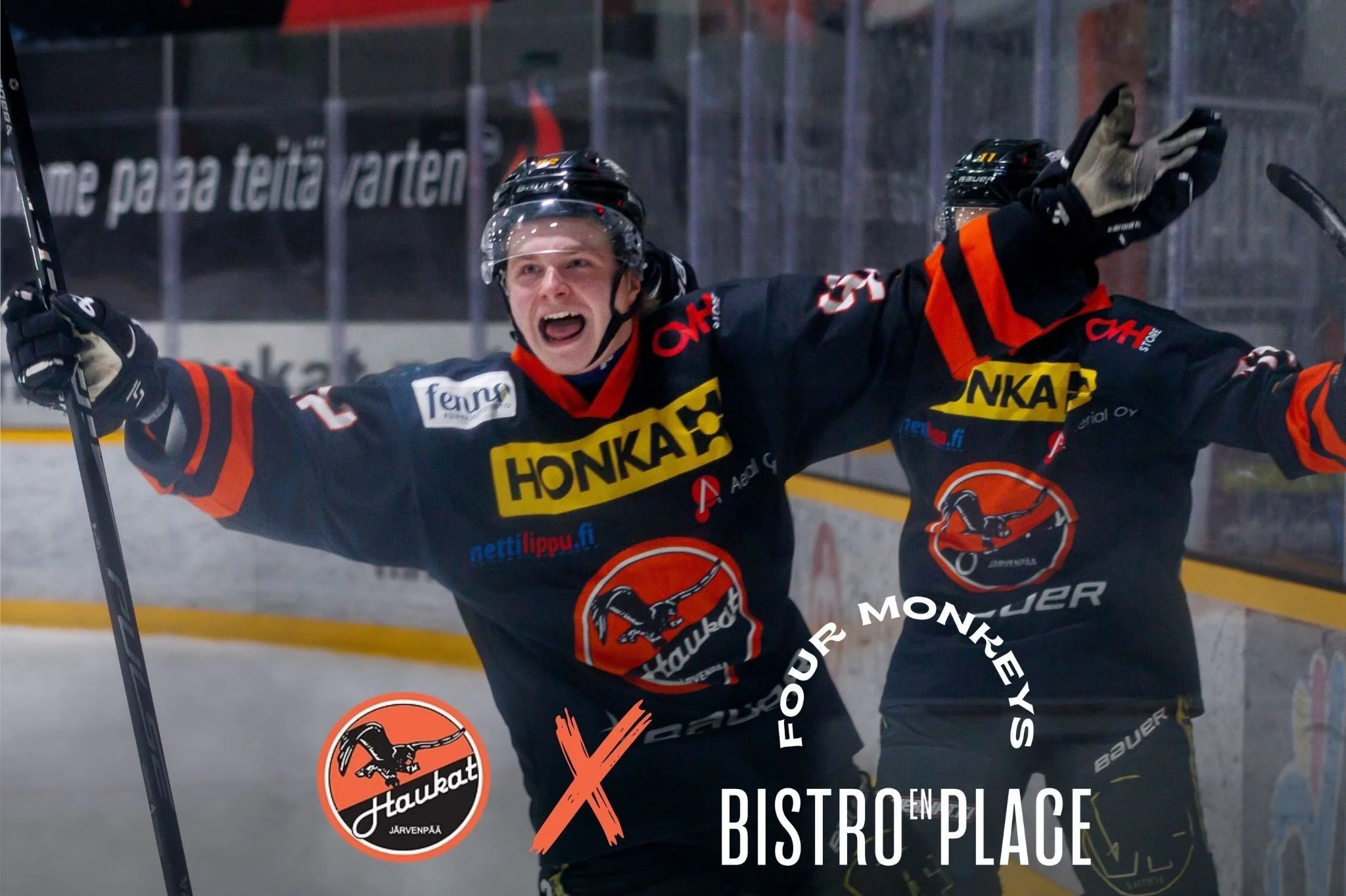 Haukat x @fourmonkeysbar &amp; @bistroenplace 

Haukat ovat solmineet ensi kauden kattavan p&auml;&auml;yhteisty&ouml;kumppanuuden Four Monkeys Barin ja Bistro en Placen kanssa. 🤝

Four Monkeys Bar toimii virallisena ottelup&auml;ivien etko- ja jatk