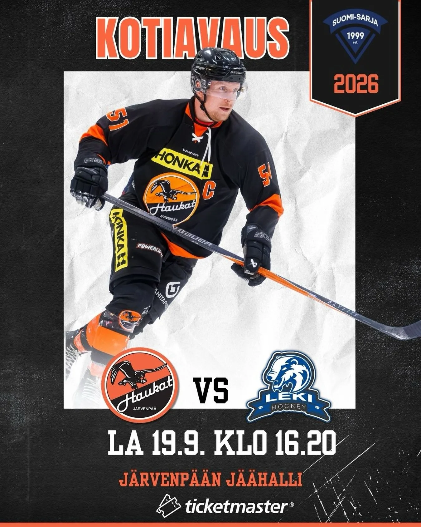 Kolme y&ouml;t&auml; kotiavaukseen!🔥 

Ennen ottelun alkua nostetaan halliin 2026 mestaruusviiri, kannattaa siis saapua mestoille🤩

🎟️ Liput ennakkoon @ticketmaster.fi tai ovelta.

Alle 7-vuotiaat ilmaiseksi sek&auml; KJT Haukat-, Haukat- &amp; KJ