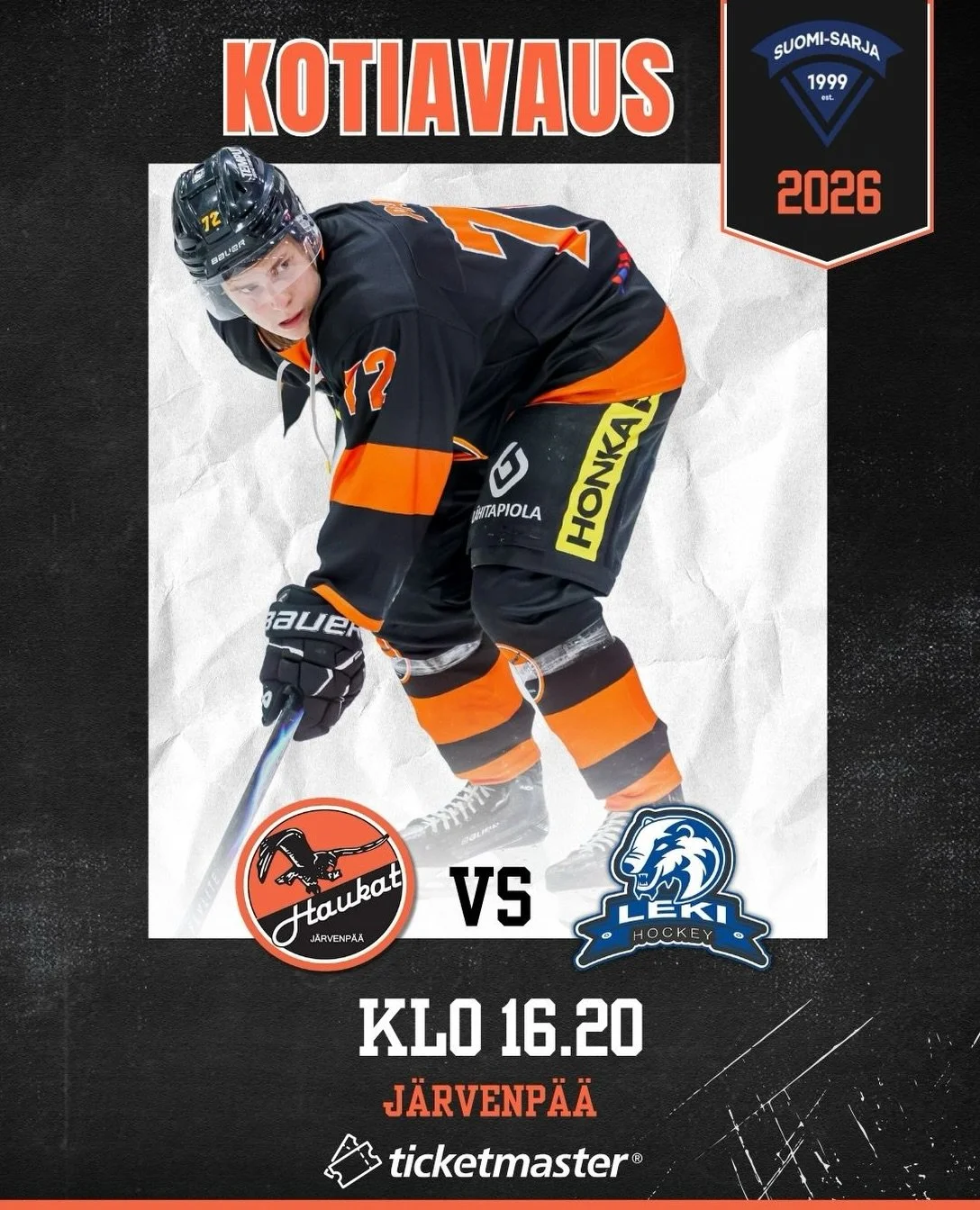 Kokoonpano kauden ensimm&auml;iseen kotimatsiin 👉🏽

Ennen ottelun alkua nostetaan halliin 2026 mestaruusviiri, kannattaa siis saapua mestoille🤩

🎟️ Liput ennakkoon @ticketmaster.fi tai ovelta.

Alle 7-vuotiaat ilmaiseksi sek&auml; KJT Haukat-, Ha