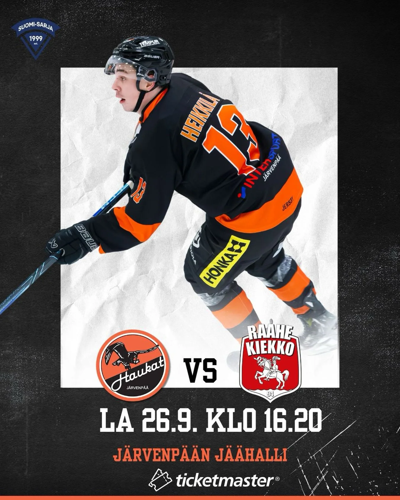 Lauantaina jatketaan himassa! 🟠⚫️

🆚 @raahekiekko 
📍 J&auml;rvenp&auml;&auml;
🕓 Kiekko j&auml;&auml;h&auml;n klo 16.20
🎟️ Liput @ticketmaster.fi tai ovelta

#haukat #suomisarja