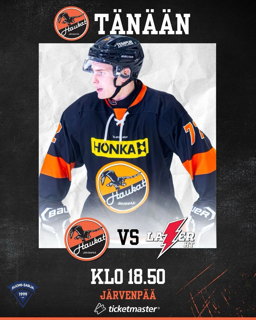 Kokoonpano illan matsiin 💪
Ylik&auml;rpp&auml; ja Veiksola palaavat vahvuuteen🔥

Kiekko j&auml;&auml;h&auml;n klo 18.50, n&auml;h&auml;&auml;n hallilla! 

#haukat #suomisarja
