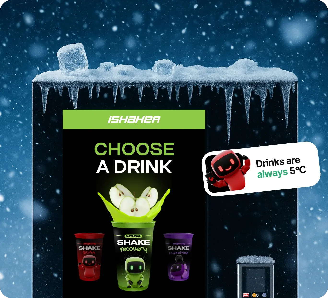 Un distributeur automatique de boissons froides recouvert de neige avec une étiquette indiquant de choisir une boisson, parmi plusieurs options de boissons protéinées. L'arrière-plan est enneigé, évoquant un climat froid.
