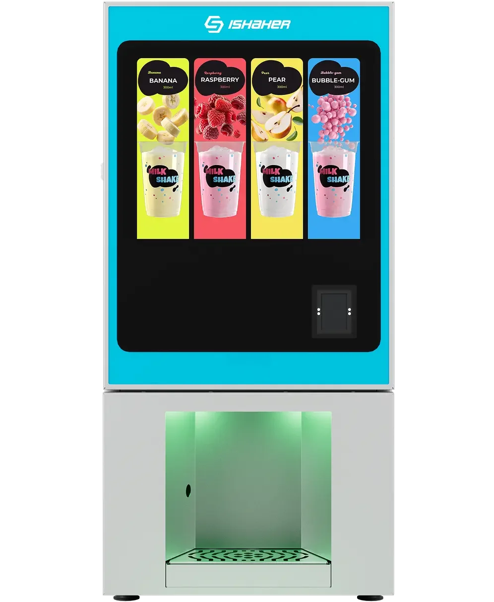 Vitrine de distributeur automatique de milk-shake aux saveurs banane, framboise, poire et gomme balloune, chacune avec un verre de milk-shake correspondant.