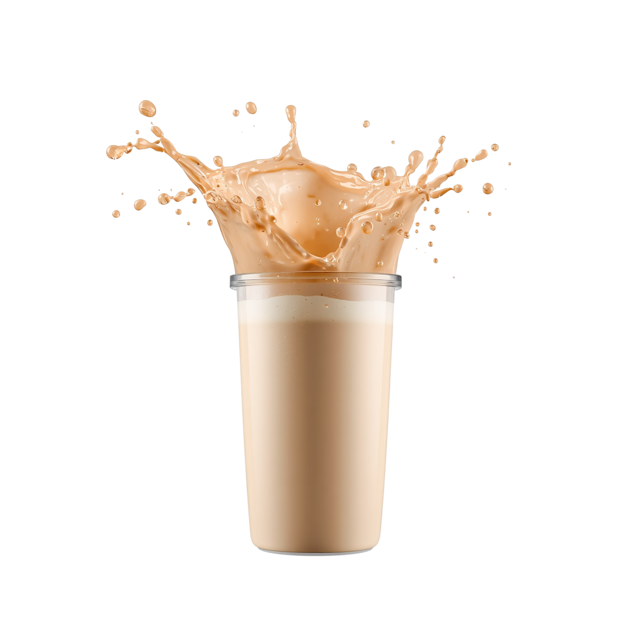 Un verre transparent contenant une boisson au chocolat avec une éclaboussure dynamique de liquide chocolaté au-dessus du verre.