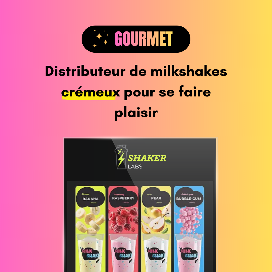 Publicité pour un distributeur de milkshakes crémeux de la marque GOURMET avec différentes saveurs : banane, framboise, poire et gomme à bulles, sur un fond coloré dégradé.