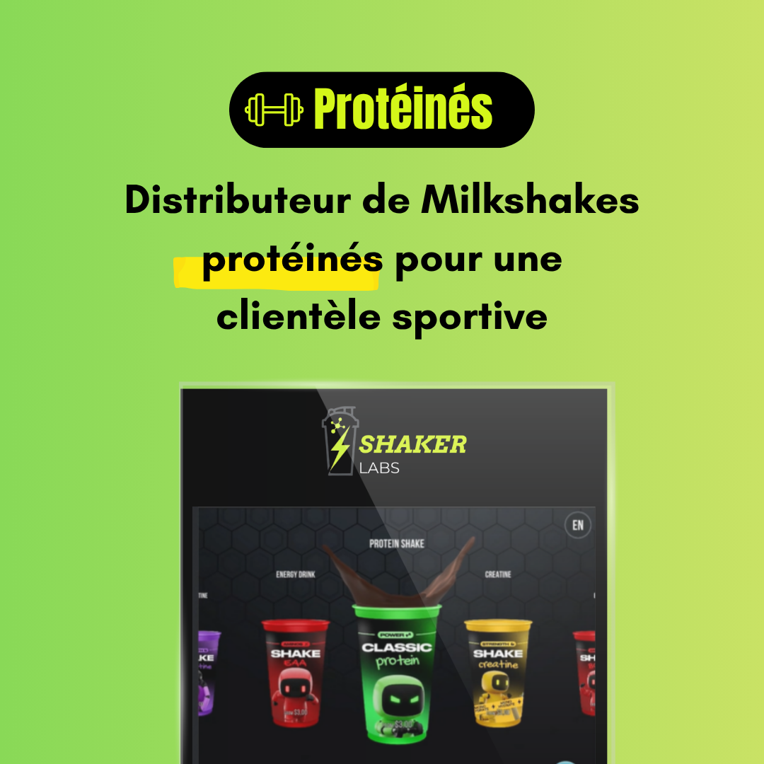 Page promotionnelle pour un distributeur de milkshakes protéinés destiné à une clientèle sportive, avec des illustrations de différentes saveurs de milkshakes.
