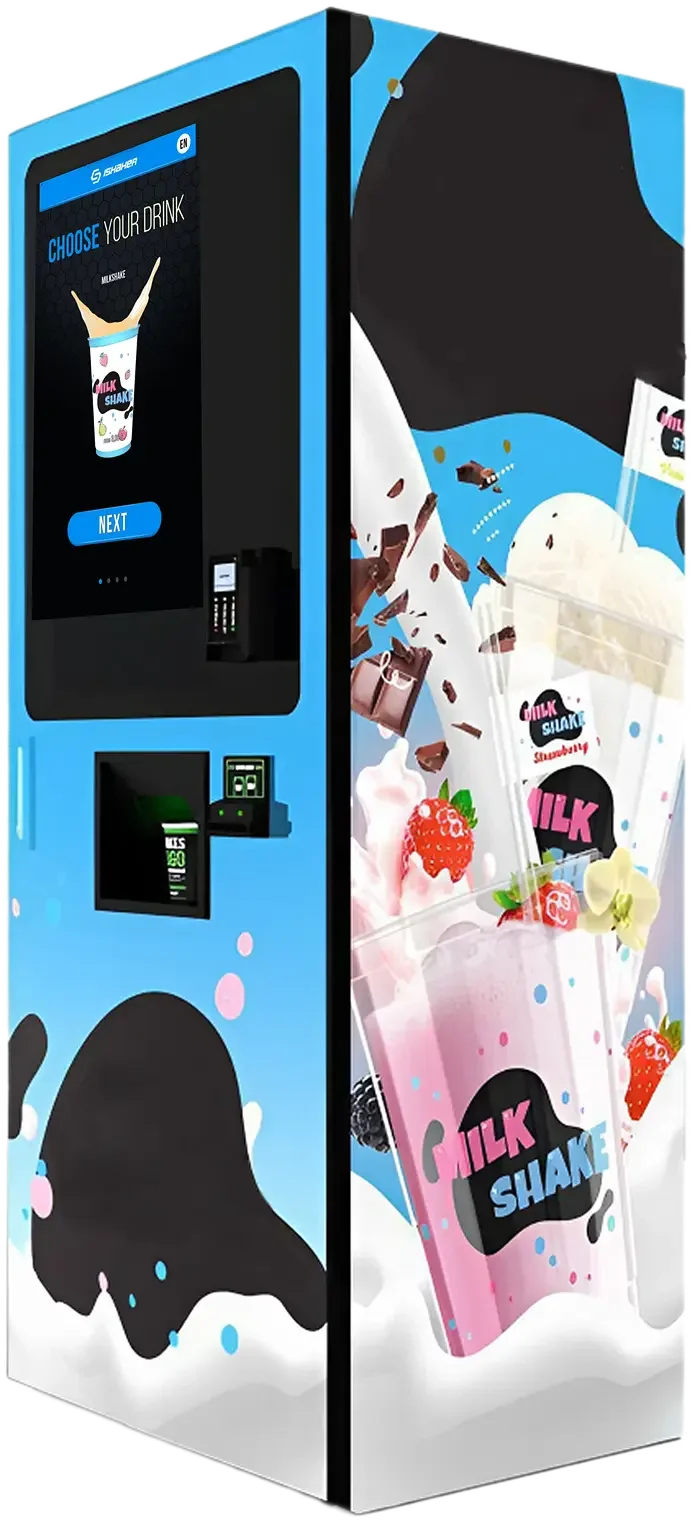Vending machine pour boissons lactées, affichant une sélection de milkshakes à la fraise, chocolat, et autres saveurs, avec un écran tactile pour choisir la boisson.