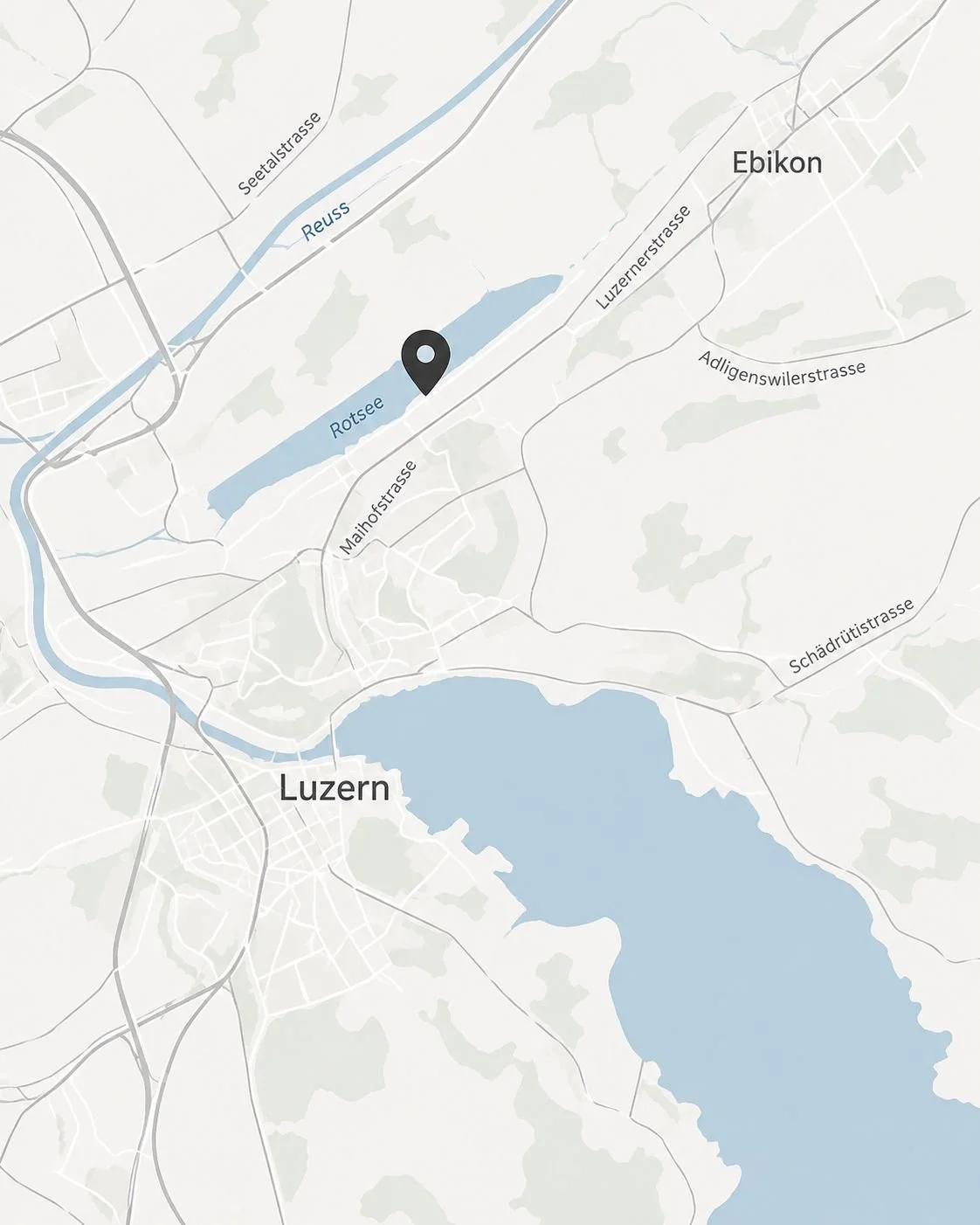 Karte von Luzern und Umgebung mit dem Rotsee, Reuss und einigen Strassenwegen.