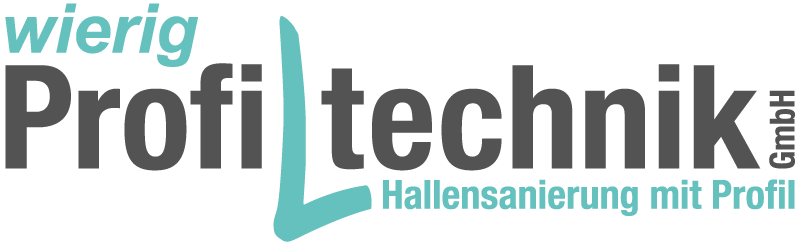 Logo mit schwarzen, blauen und grünen Texten, der 'Profi Technik GmbH' sowie 'Hallensanierung mit Profil' und 'wierig' enthält.