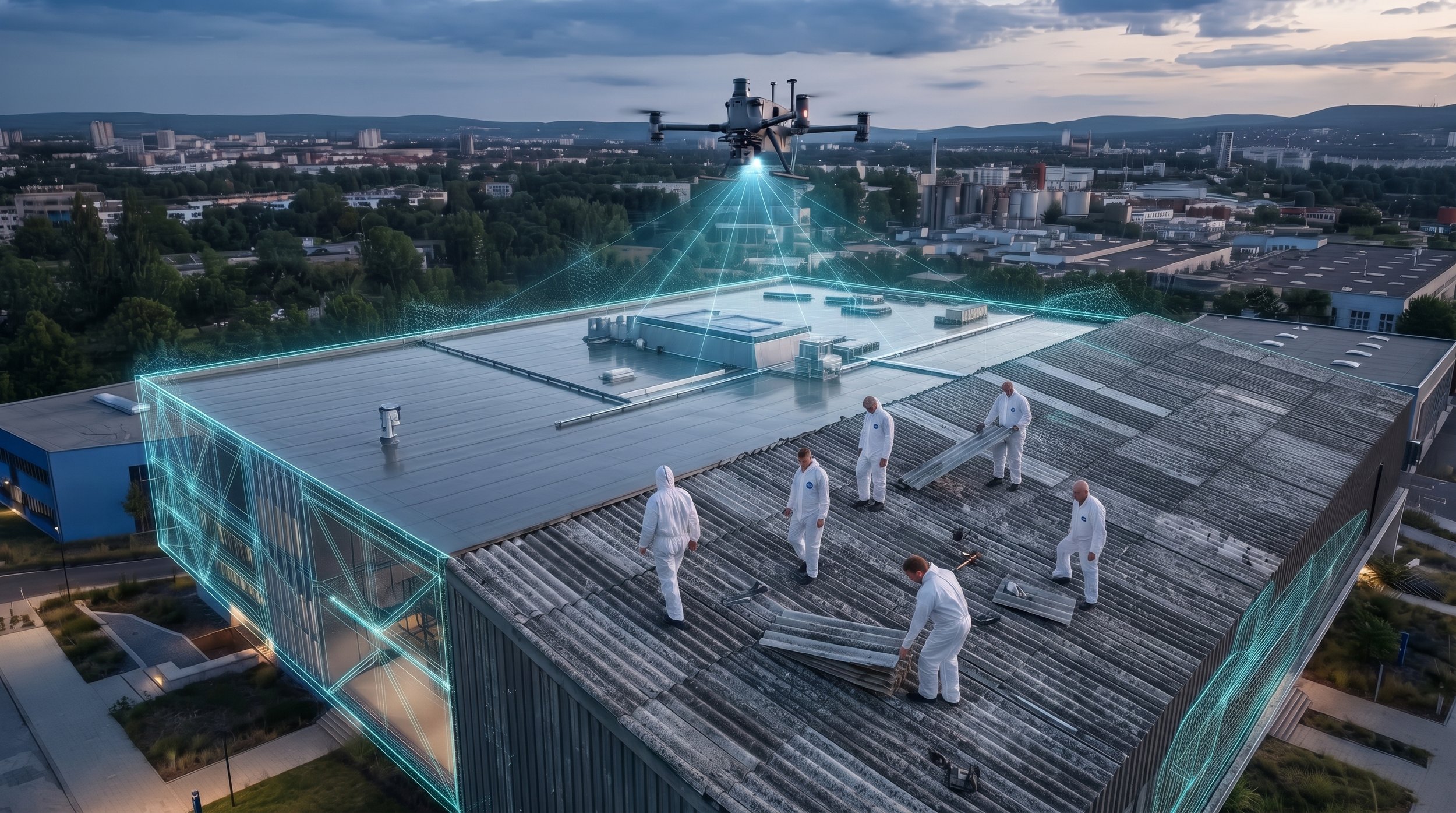 Menschen in weißen Schutzanzügen installieren Solarpaneele auf einem Gebäudedach, während ein Drohnen mit einer Laser- oder Lichtquelle fliegt, im städtischen Hintergrund bei Bewölkung.