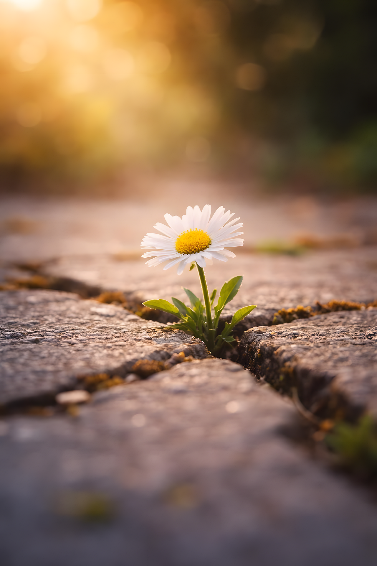 A small white daisy with a yellow center growing through a crack in a paved surface, illuminated by warm sunlight. Couples Therapy Sydney