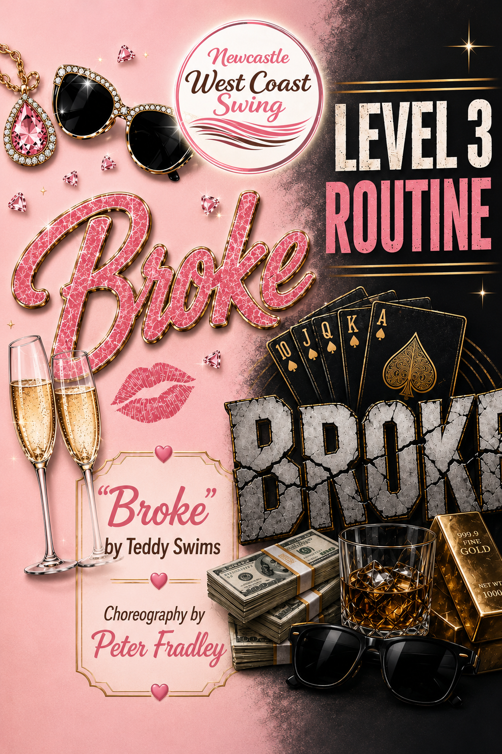 Promotional poster for a production called 'Broke' by Teddy Swims, part of the Newcastle West Coast Swing Level 3 Routine. The poster features sunglasses, a pink lipstick kiss mark, stacks of money, a gold bar, playing cards, a drinking glass with whiskey, two champagne flutes, and a pair of sunglasses. The overall theme suggests a luxurious, glamorous lifestyle.