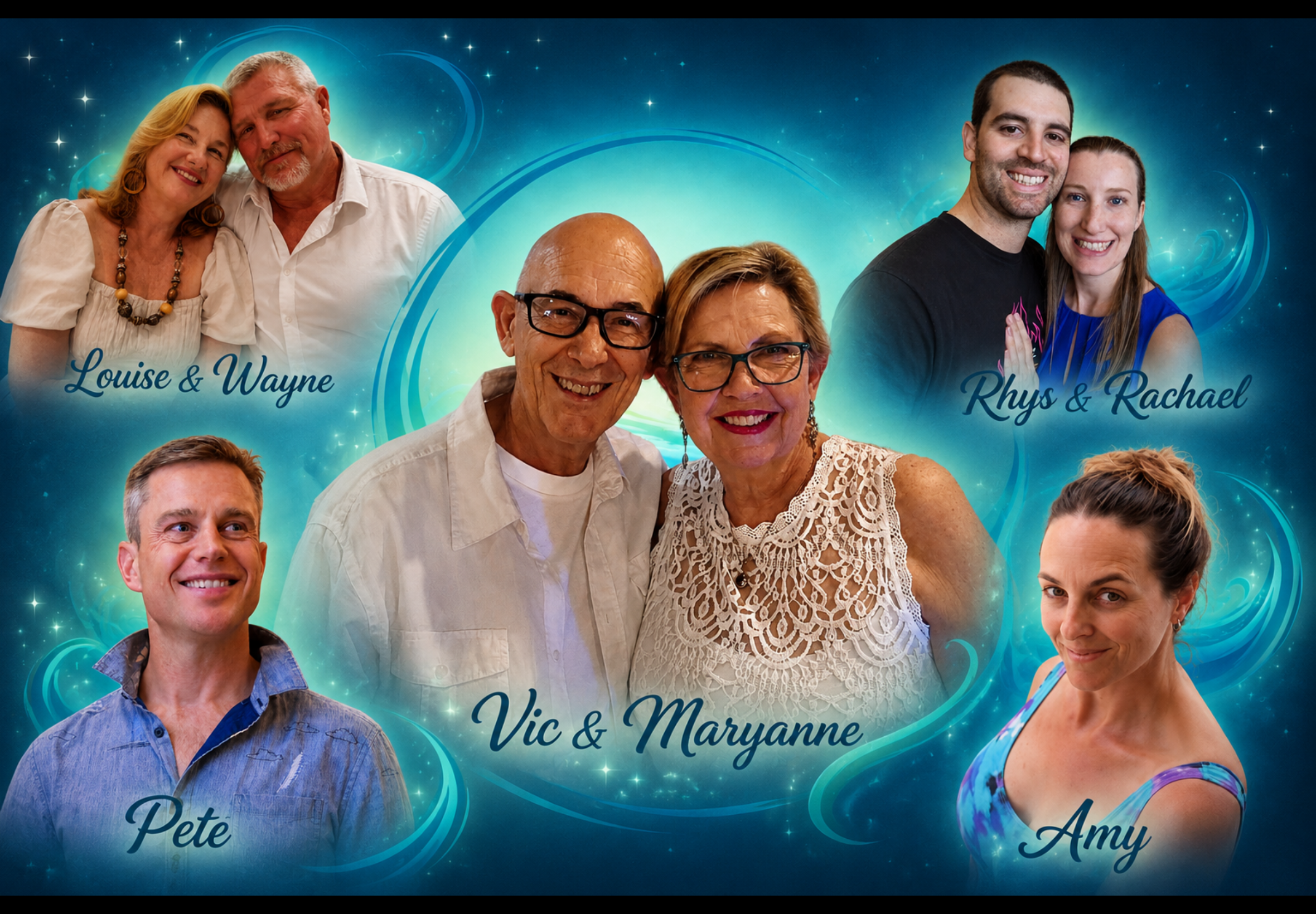 Group photo of multiple smiling people, with names Louisa & Wayne, Vic & Maryanne, Pete, Rhys & Rachael, and Amy, against a vibrant blue background with star and swirl designs.