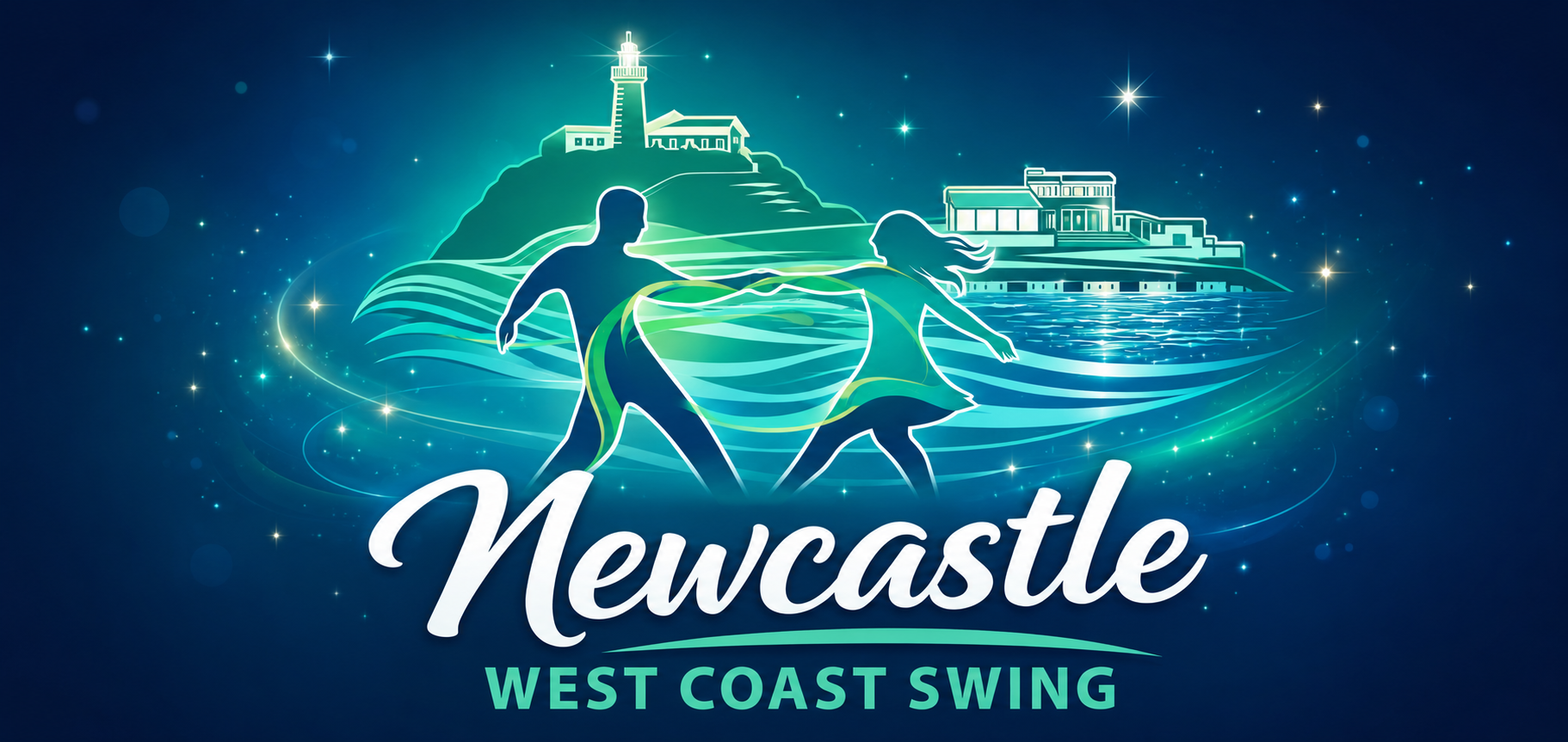 Neon-style illustration of a man and woman dancing by the water with a lighthouse, buildings, and a starry night sky in the background. Text reads 'Newcastle West Coast Swing'.