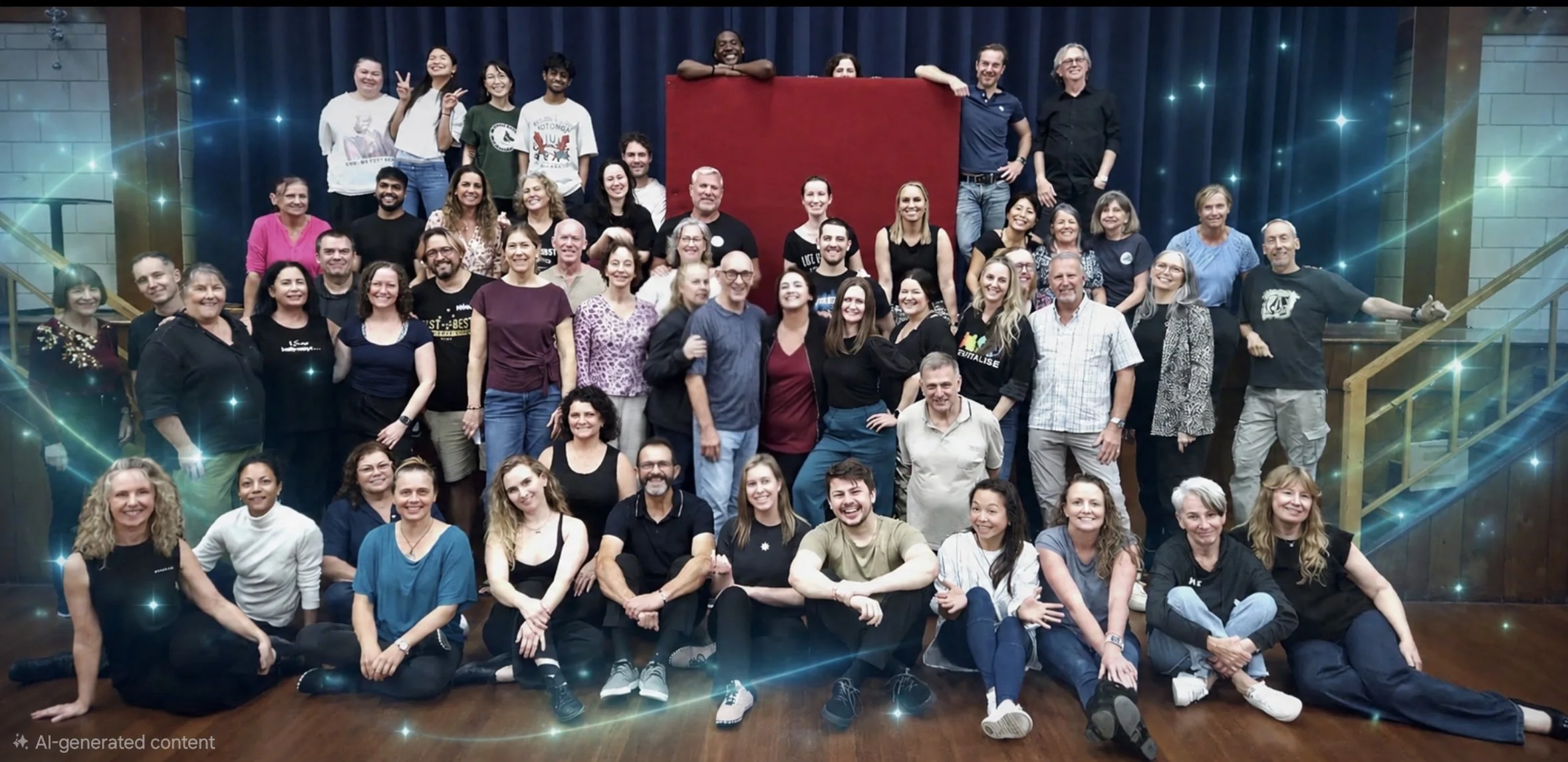 A large group of people gathered on a staircase, posing for a group photo indoors. Everyone appears happy, smiling, and relaxed, with some making peace signs or gestures. The background includes dark curtains and wooden elements, with glowing star-like effects added to the image.