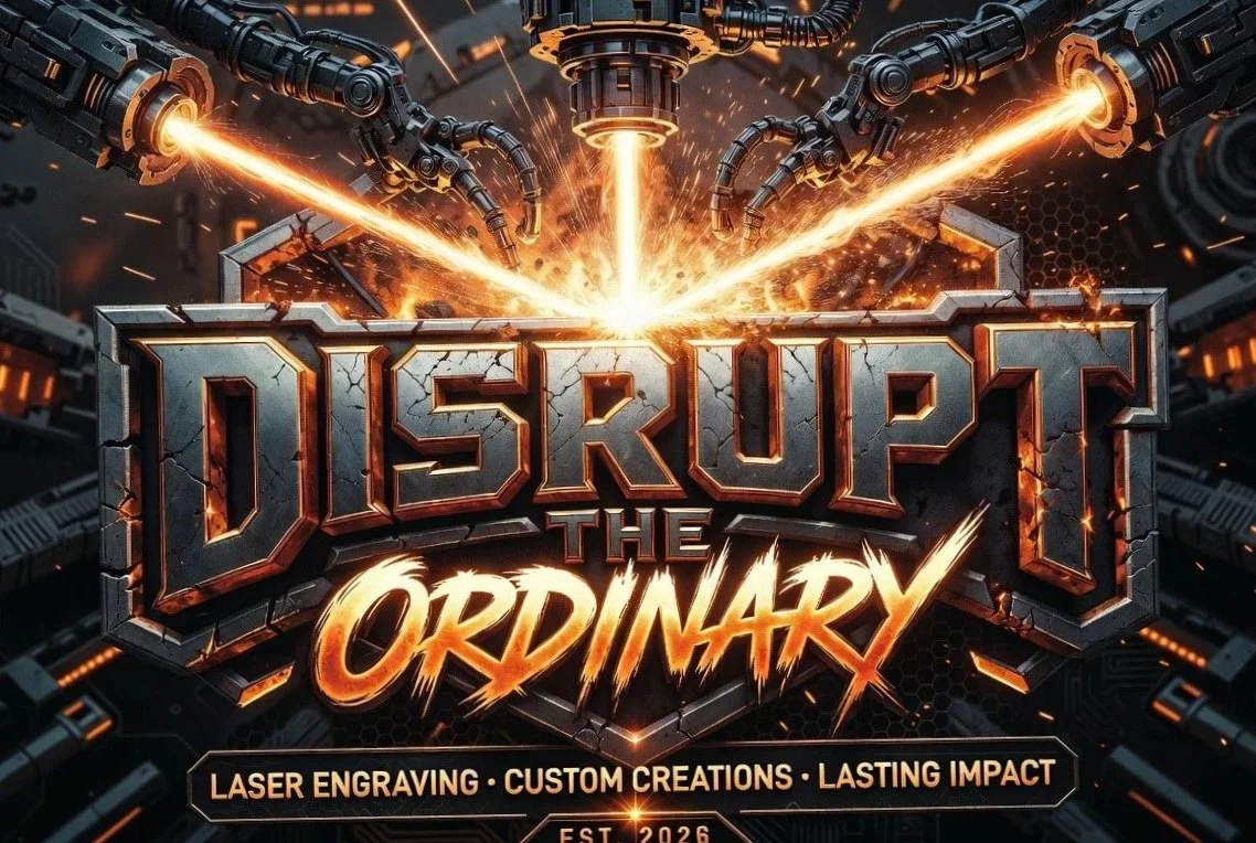 Futuristic digital artwork with robotic arms laser engraving the words "Disrupt the Ordinary" on a metallic surface, with sparks and a high-tech background.