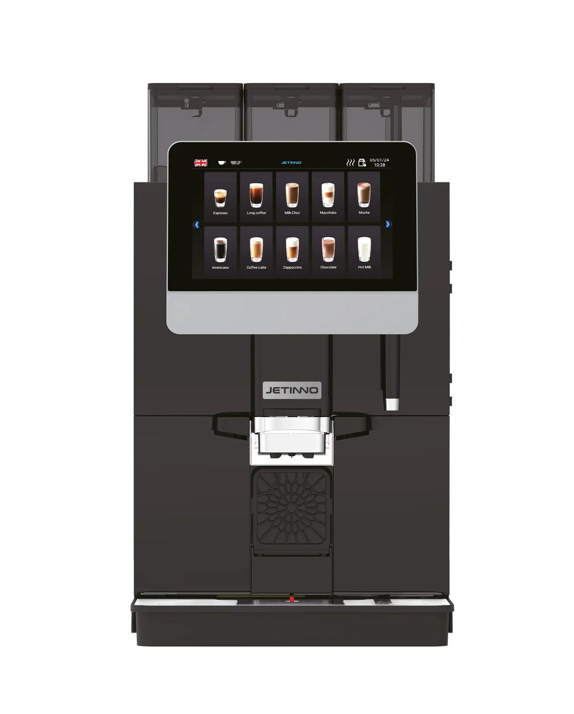 Automated Coffee Rentals modern coffee vending machine with a touchscreen display showing various coffee options.