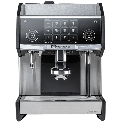 A silver and black Coffee Rentals Eversys espresso machine with digital control panel and multiple buttons for different coffee options.